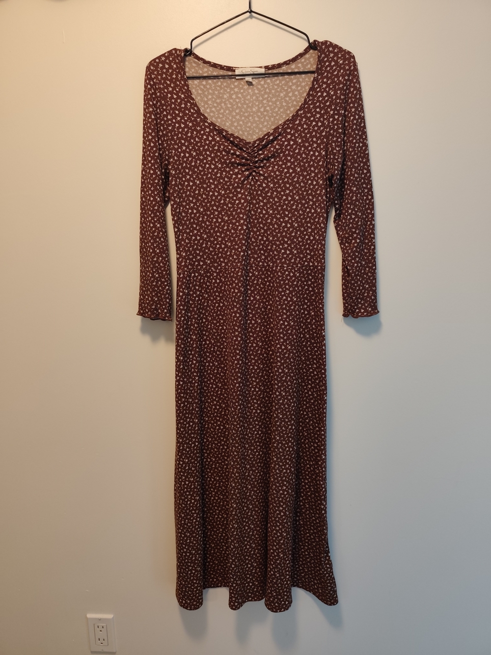 Jessica Simpson Cinnamon Brown Floral Maxi Dress with Scrunched V-Neck Size XL